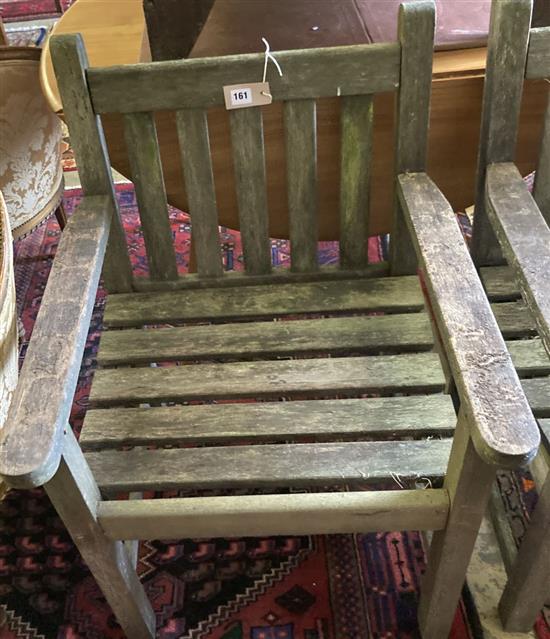 A slatted wood garden bench and two matching chairs, bench 124cm